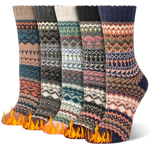 Wostock 5 Pares Calcetines de Lana para Mujeres, Lana Merino Térmicos Calientes para Invierno, Calcetine de Invierno, Calcetine Cálidos, Suaves y Cómodos EU36-41