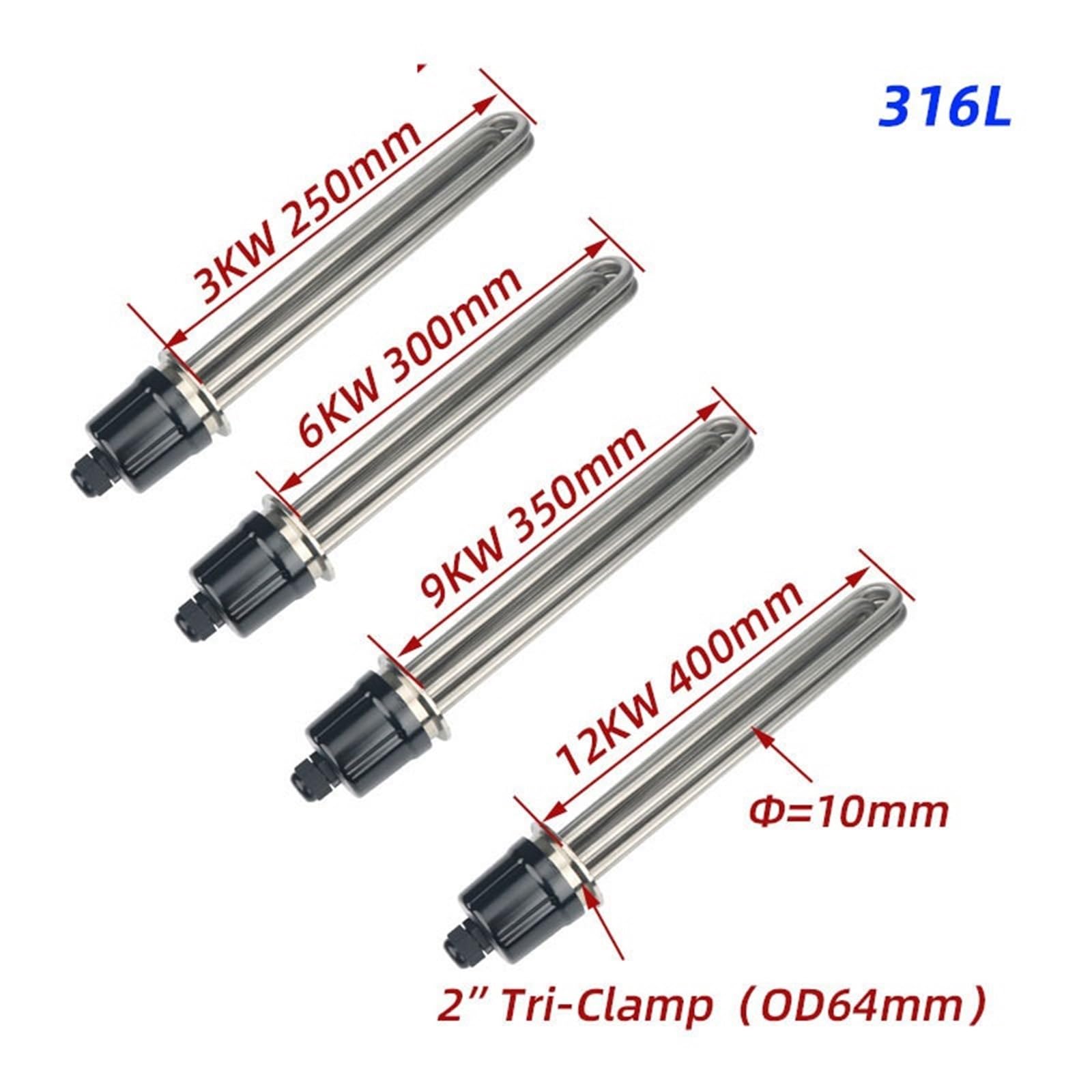 2 "Tri-clamp (OD64) SUS316L Elektrische Wasser Heizung Element 220 v/380 v Tauchrohr 3/6/9/12 KW 1 Stücke(380V,12KW)