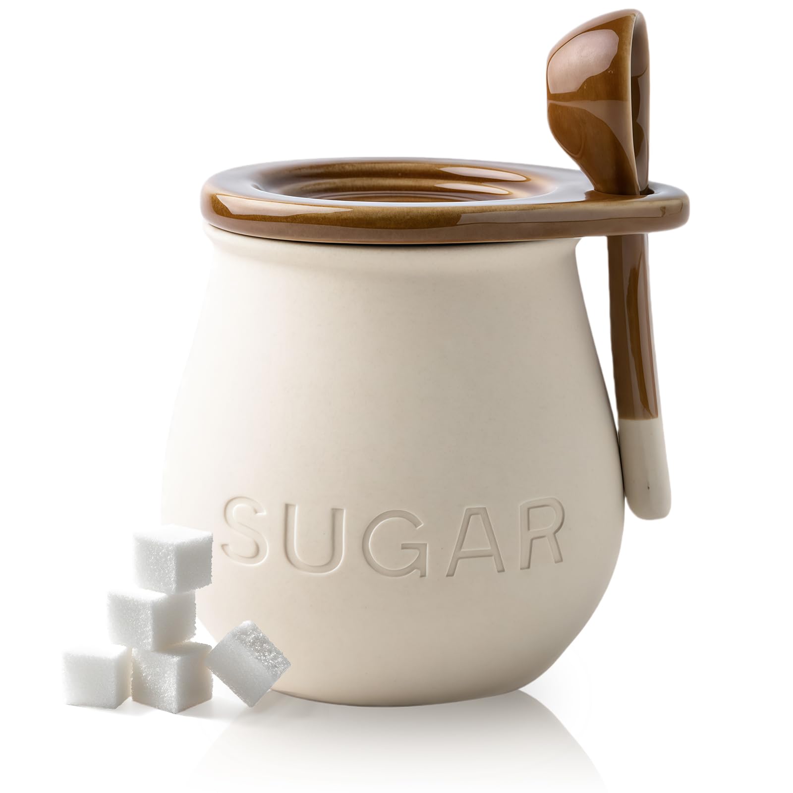 Meetoz Beige Sugar Bowl Porcelain With Lid And Spoon, Kitchen Canisters Ceramic Food Storage Jar, Ceramic Sugar Canister, For Coffee Bar, Restaurant, Home, Kitchen
