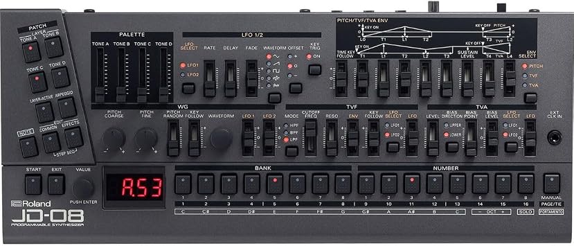 Roland JD-08 Tabletop Sound Module Boutique Synthesizer Compact, Lightweight, Modern with New Effects and Polyphonic Sequencer