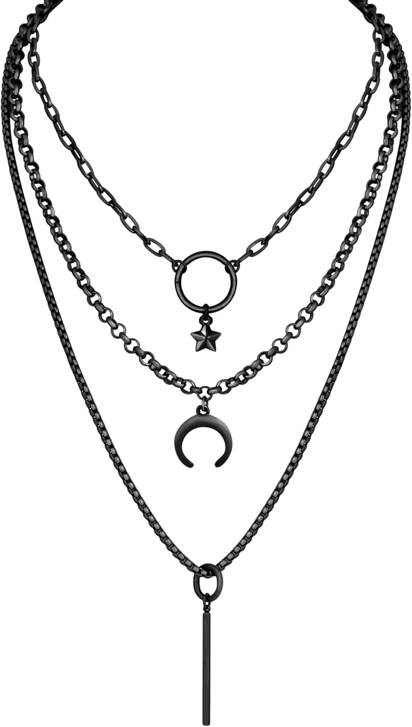 Sacina Layered Crescent Moon Star Bar Choker Necklace, Gothic Punk Grunge Emo Necklace, Goth Jewelry, Christmas Jewelry Gift for Women
