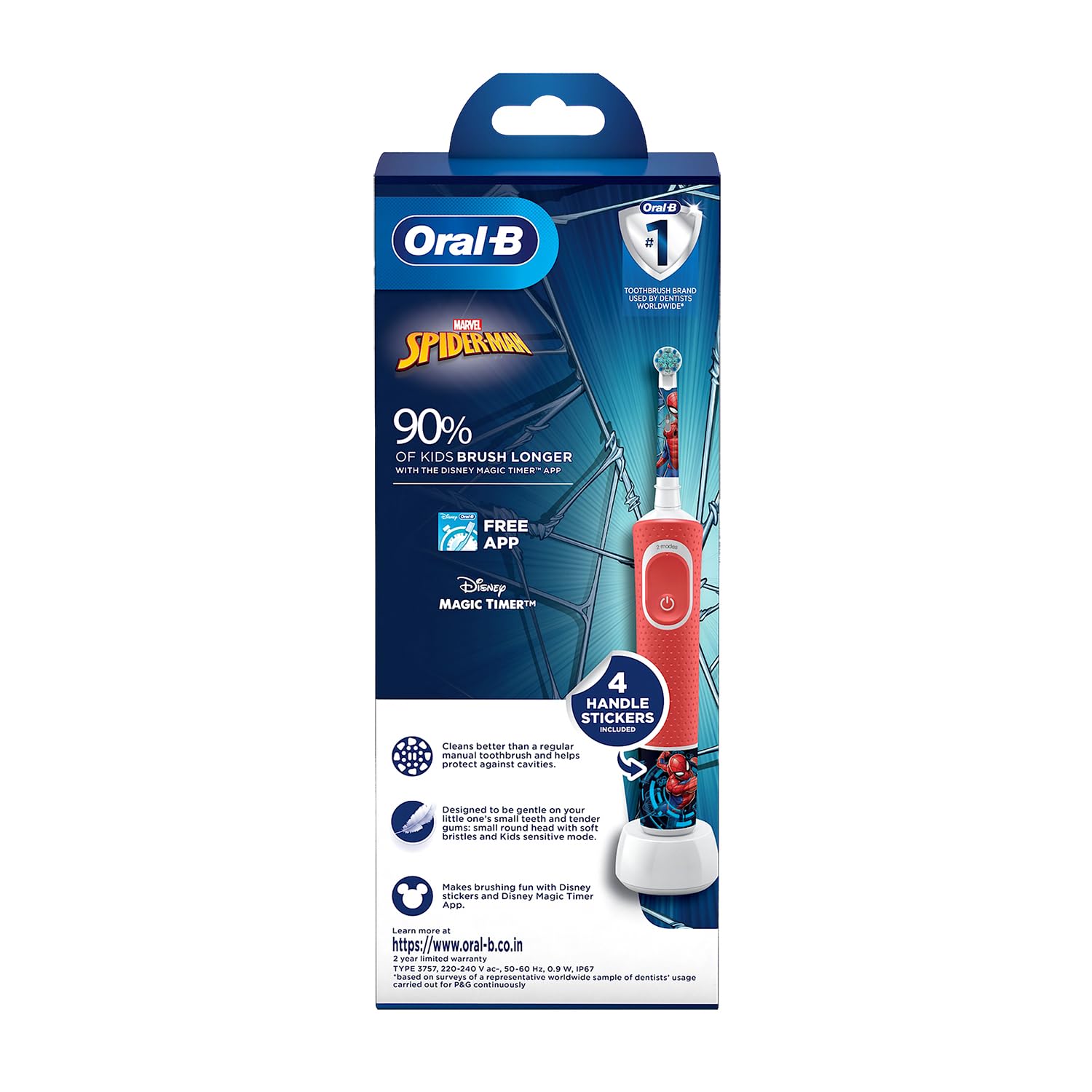 Oral-B Kids Spiderman Rechargeable Rotating Electric Toothbrush, 2 Brushing Modes (Daily & Sensitive), 2 Min Timer with Quadpacer, 2 Year Warranty by Oral B, IPX7 Water Resistant, Round Brush Head
