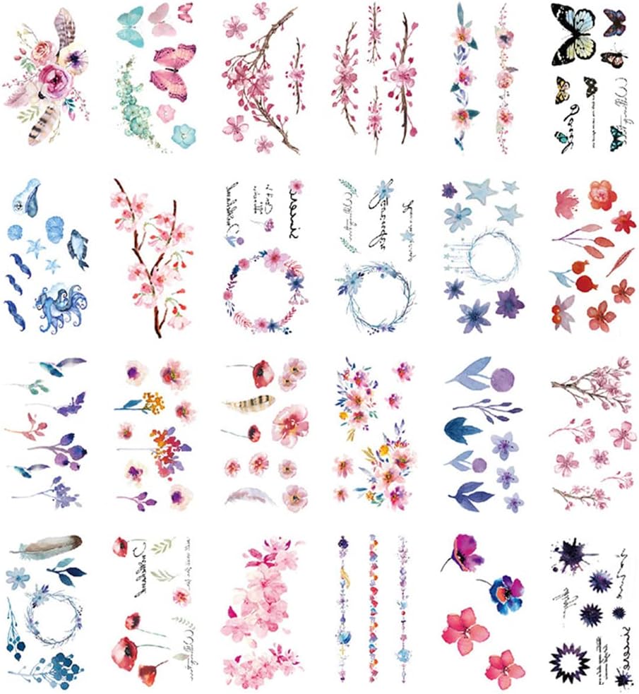 30 Sheets Cute Temporary Tattoos by Yesallwas, Fake Tattoos Stickers for Kids, Girls & Teens - Watercolor Cherry Blossoms, Feathers, Butterflies, Garland & Dolphin Designs