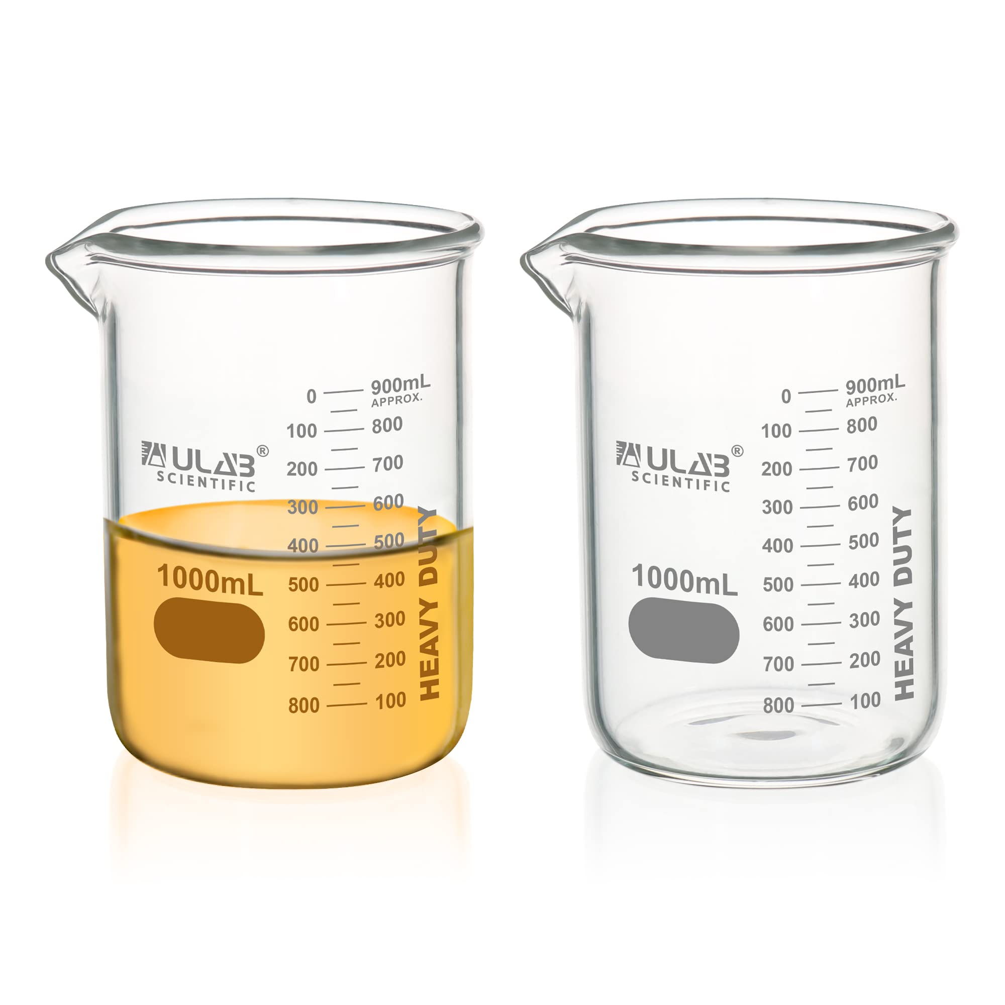 ULAB Heavy Duty Glass Beakers, 2pcs of Vol.1000ml(33.8oz), Borosilicate 3.3 Glass, Thick Wall Beakers, with Double Scale, Superior Durability &