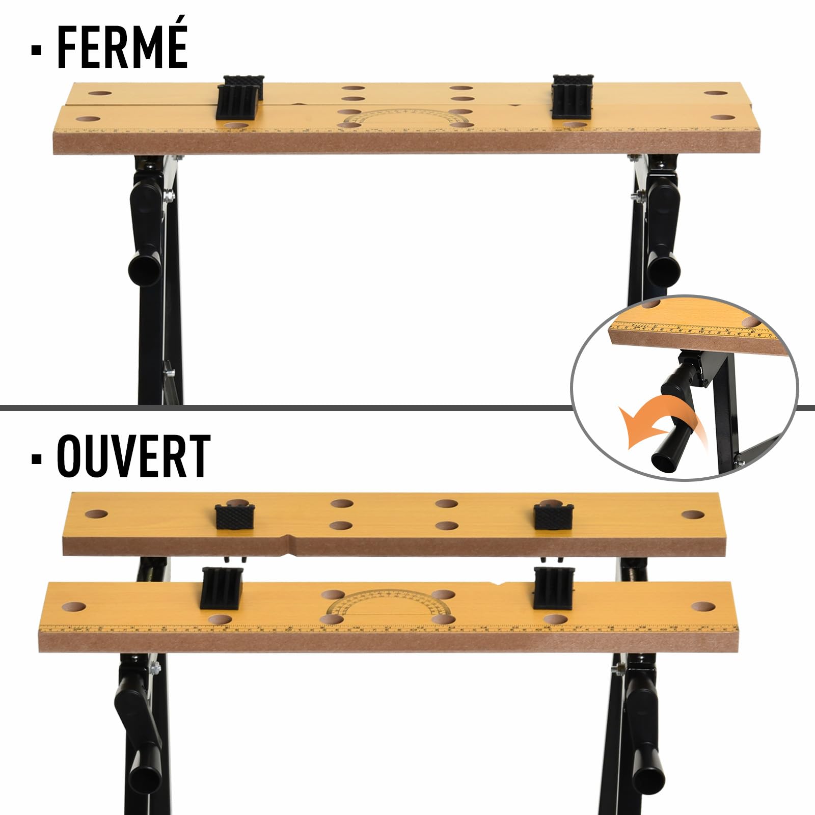 DURHAND Établi pliant établi de serrage avec 4 serre-joints table de travail chevalet de sciage, charge 100 kg, structure en acier, plan de travail pour chantier atelier garage, 62,5x60,5x78,5cm, noir