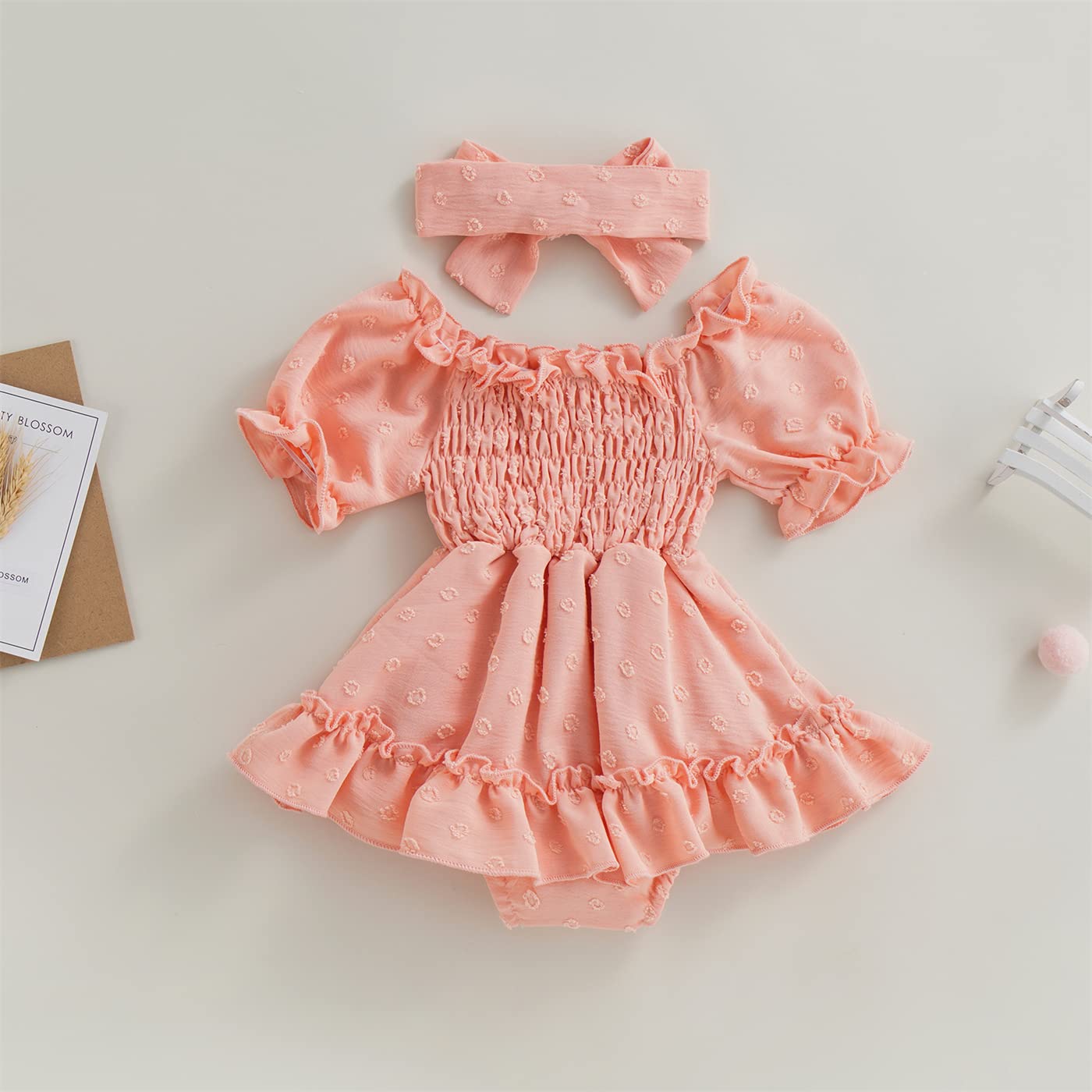 Baby Girl Romper Dress Ruffle Chiffon Smocked Dress Vintage Onesie Princess Outfit (3-6 Months,Pink Orange)