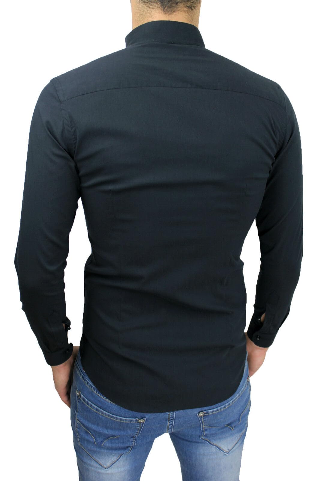 Camicia Uomo Cotone Slim Fit Nero Casual Elegante con Colletto Coreana e Bottoni trasversali