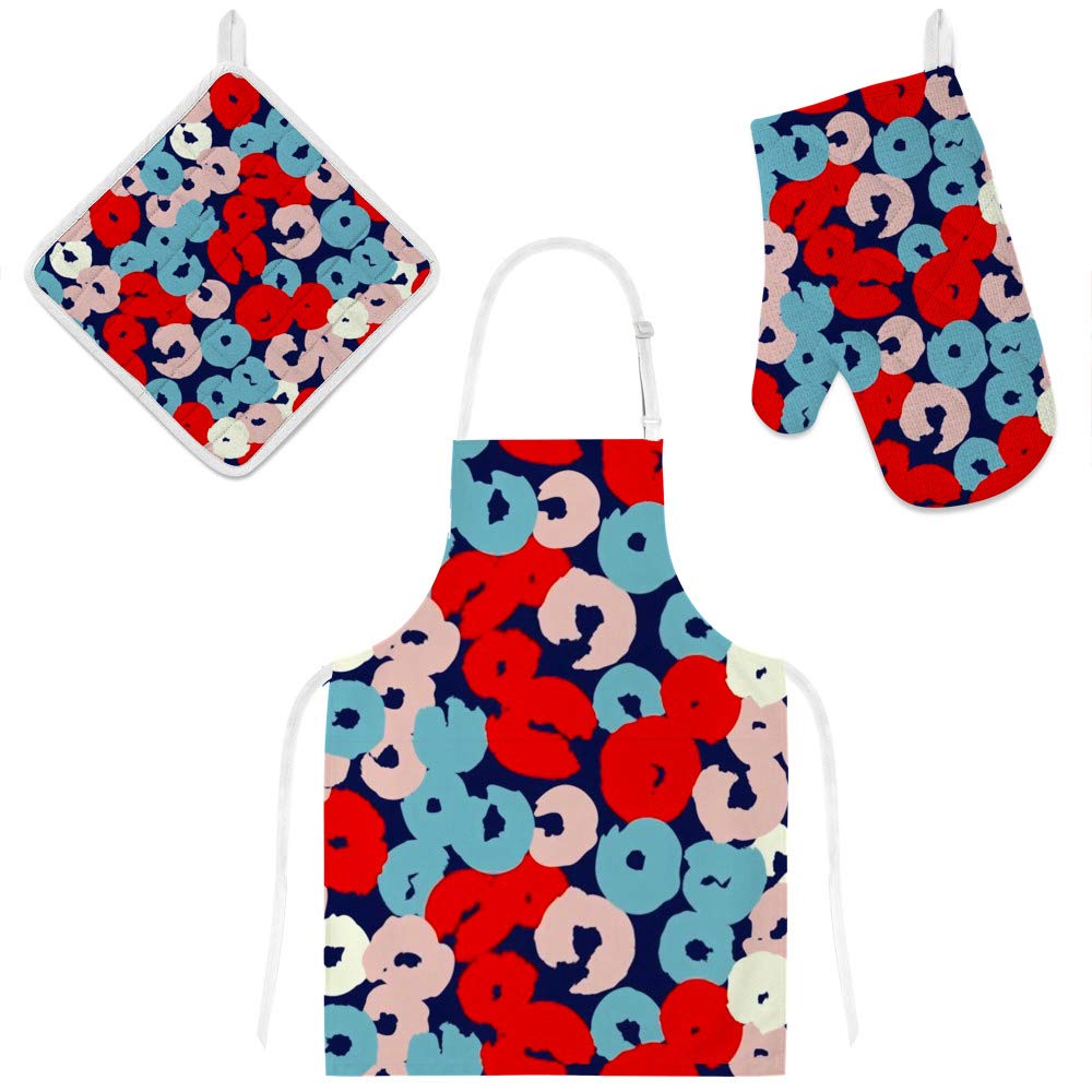 Tablier de cuisine 3 pièces avec maniques et gants imprimés géométriques abstraits
