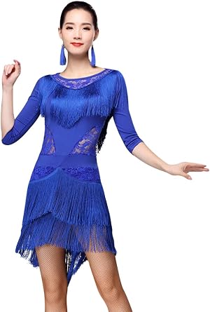 ZX Womens Latin Dance Dress Lace Neck 1/2 Sleeve High Low Fringe Salsa Tango Cha Cha Rumba Ballroom Dance Dress with Shorts