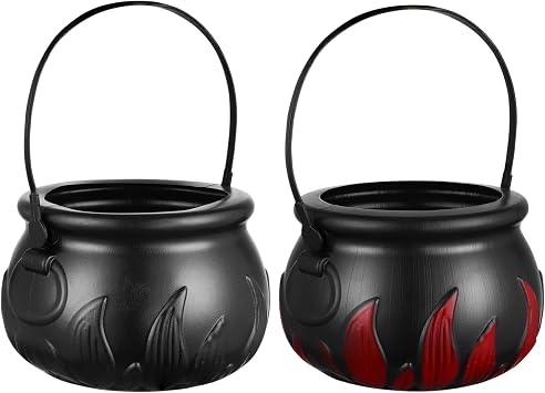 LIOOBO Halloween Candy Bucket, Trick or Treat Candy Baskets, Portable Witch Pot, Handheld Candy Jars, Black Plastic Candy Pail 2PCS Flame