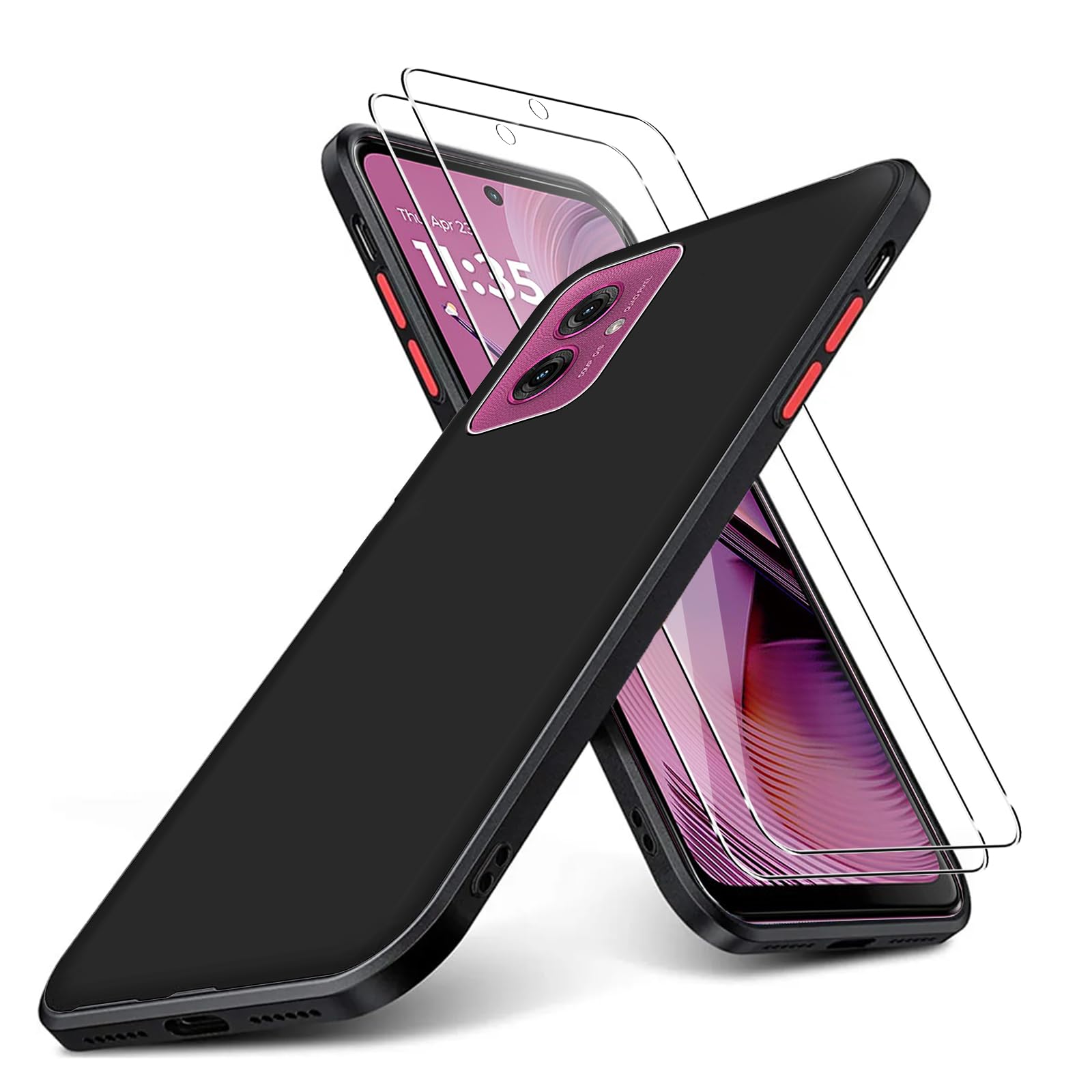 KUSINHOKA Case for Motorola Moto G55 + 2 Pack Screen Protector Tempered Glass,Anti Scratch,Drop Protection,Non Slip Soft TPU Thin Full Body Protective Phone Cover,Black