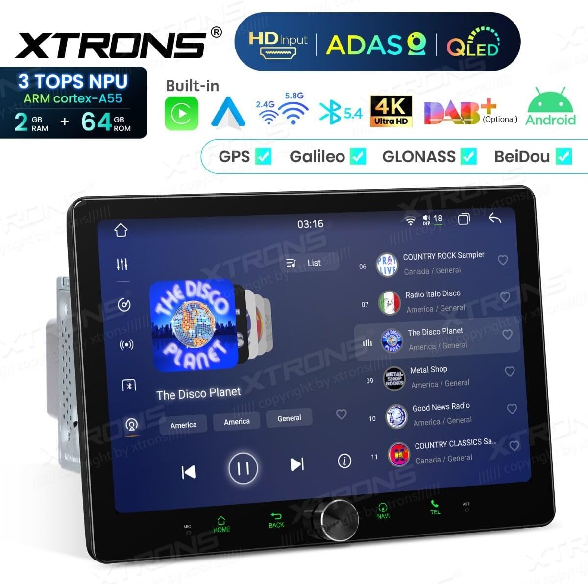The XTRONS TAD128S display showing a music playback interface with album art, track information, and controls, along with navigation and phone icons.