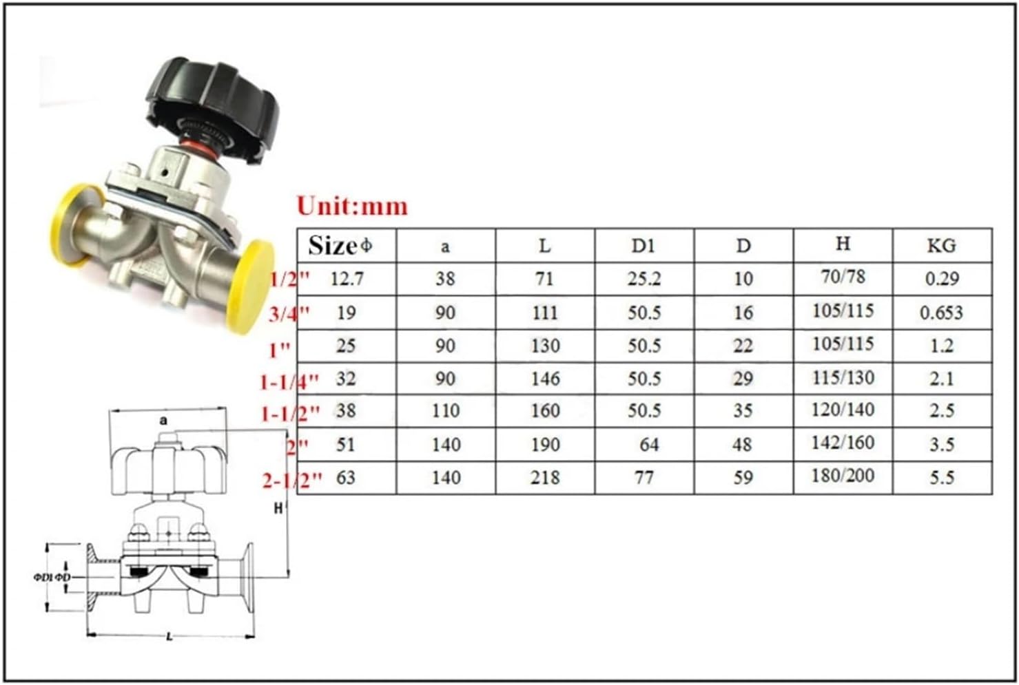 1/2" Diaphragm Valve Stainless Steel 316 Tri Clamp 25.2mm
