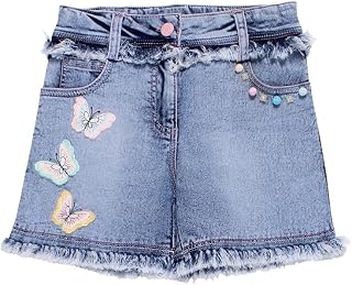 Cutecumber Girls Denim Shorts with Butterfly Embroidery and Fringe Hem – Button Closure, 2 Front & 2 Back Pockets, Mid-Thi... Price In India