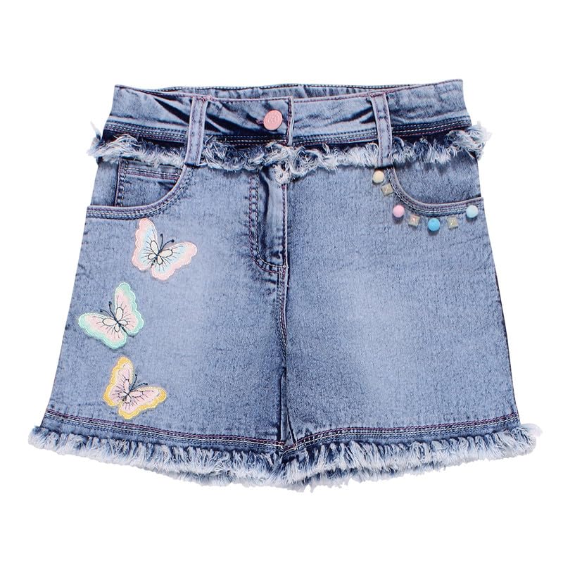 Image of Cutecumber Girls Denim Shorts with Butterfly Embroidery and Fringe Hem - Button Closure, 2 Front & 2 Back Pockets, Mid-Thigh Length Casual Bottoms for Baby Girls Kids Ages 1-15 Years