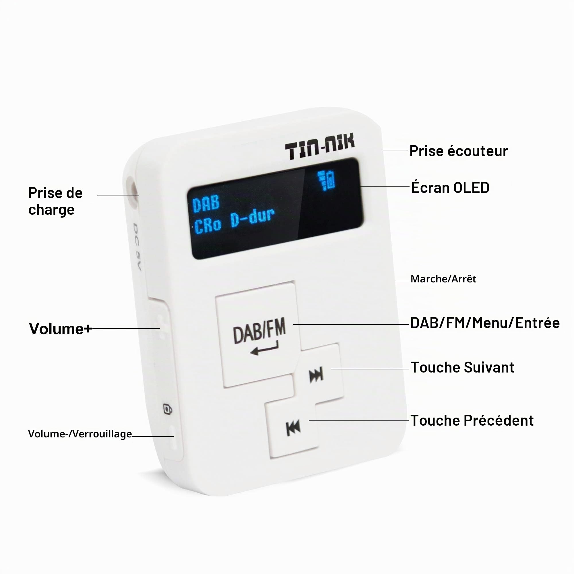 Tin-Nik DAB-398SD Portable Dab/Dab+ / Radio FM de Poche numérique RDS Mini Radio FM avec Batterie Rechargeable, écouteurs, écran OLED pour Le Sport, la Course, la Marche, Le Jogging ou Le Cyclisme