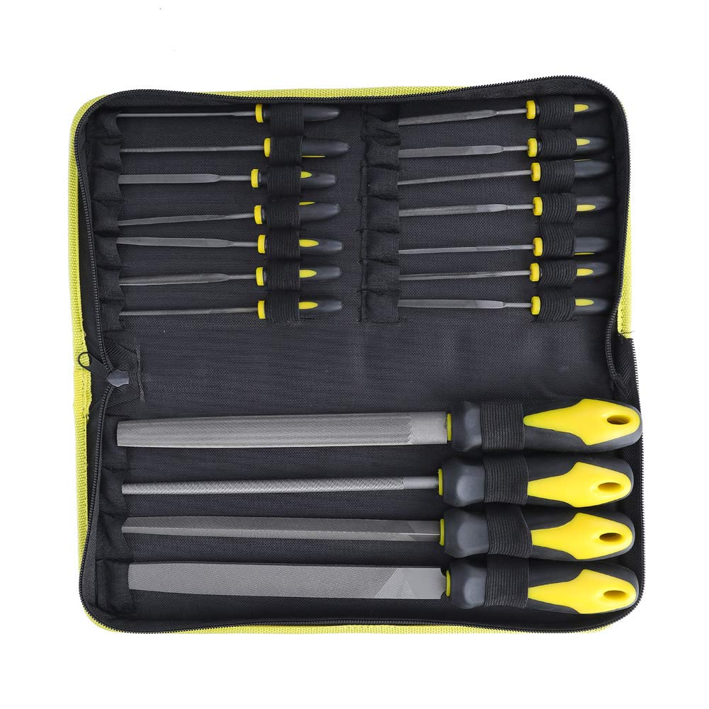 Set di lime da 18 pezzi in acciaio ad alto tenore di carbonio per legno, metallo, vetro e ceramica - Include 4 lime grandi a triangolo piatto, semitonde e tonde con 14 lime di