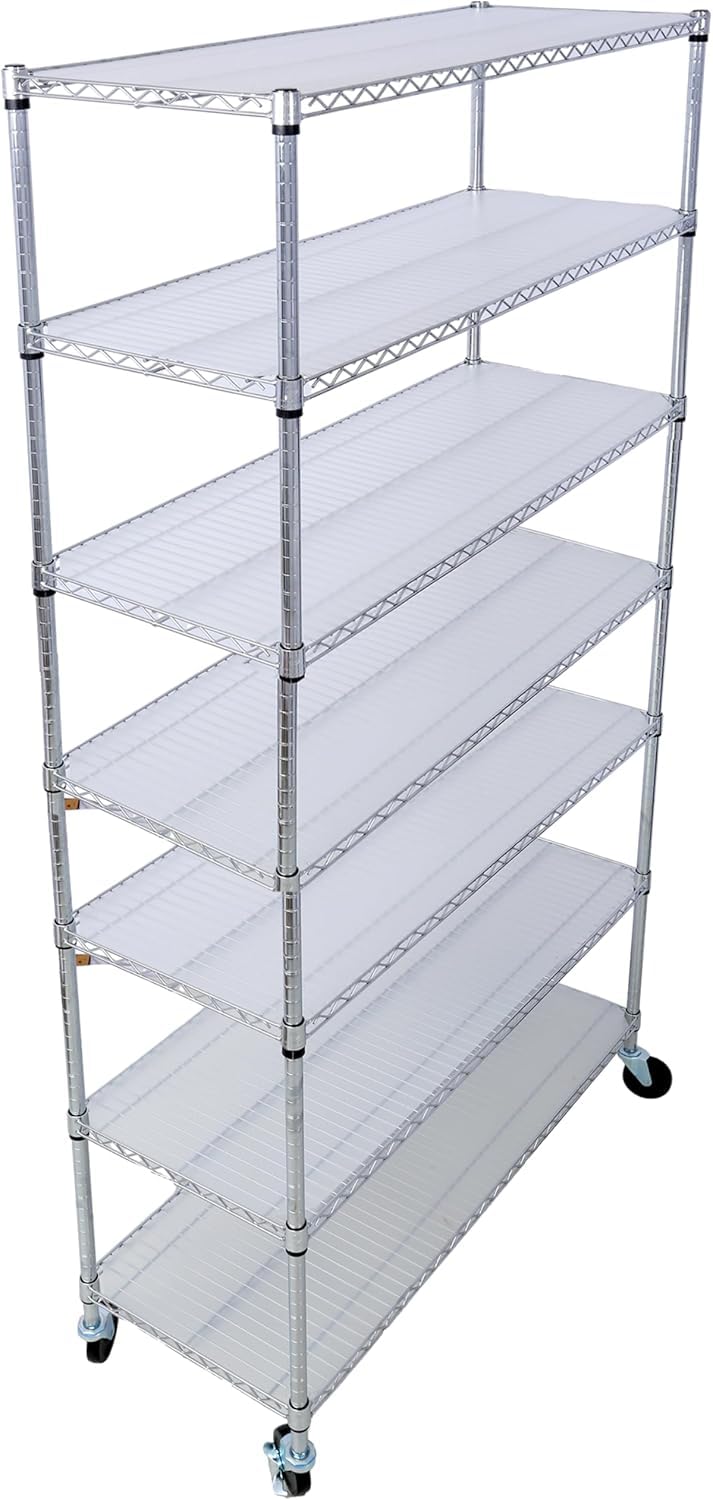 Scaffale in Filo Metallico A 7 Ripiani Resistente con Ruote, Regolabile, Portata Massima 1110 kg, Ideale per Armadi, Garage, Cucine E Cantine - Dimensioni: 207 Cm (Altezza) X 122 Cm (Lunghezza)