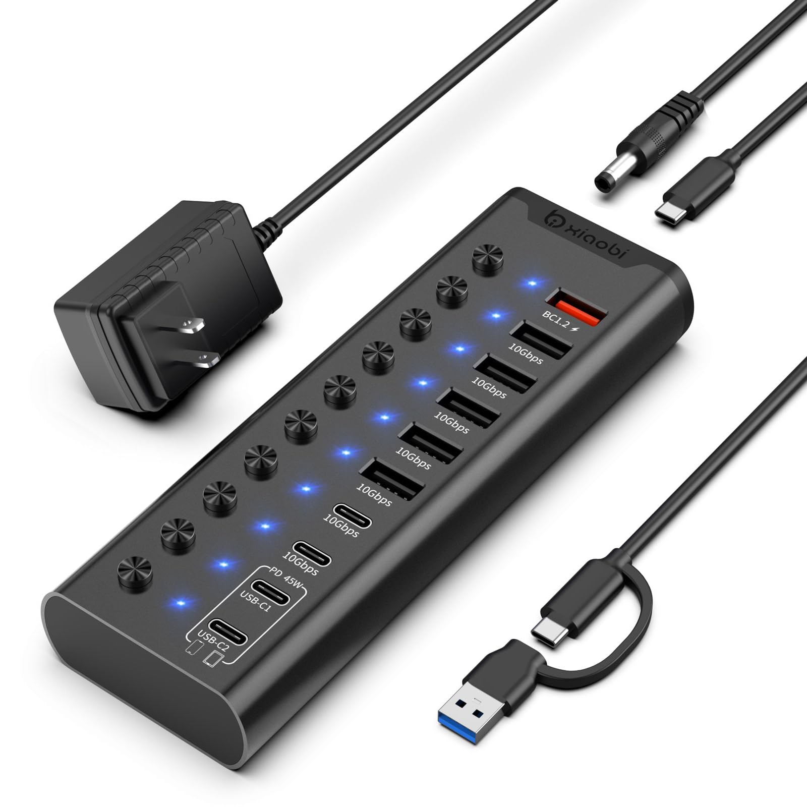 Hub USB alimentato, hub USB C a 10 porte con 5 porte USB-A 3.2 e 2 porte USB-C 3.2, porte di ricarica BC1.2 e 2 x PD da 45 W, interruttori singoli e adattatore di alimentazione 24V/3A, estensione USB