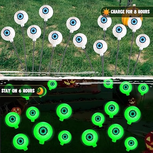 JOYIN Halloween Decorations Outdoor Solar Scary Eyeball Lights, 4 Pcs 24LEDs Green Pathway Yard Stakes, Waterproof Firefly Lights for Halloween Graveyard Yard Garden Patio Walkway Party