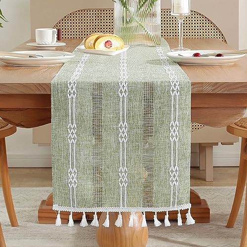 AUAUY Table Runner with Handmade Tassels, Boho Style Sage Green Weave Stripes Polyester Fabric Table Runner, Macrame Table Decoration for Holiday Party Dining Wedding and Everyday Use(33x180cm)