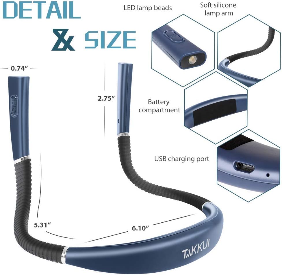 Neck Reading Light Rechargeable, Reading Lights for Books in Bed USB Reading Light for Bed Travel 3 Colors and 3 Brightness Adjustable Bendable Arms, Rechargeable, Long Lasting - - 