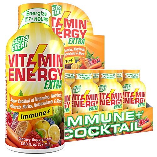 (12 Pack) VitaminEnergy Extra Immune+ Energy Shots, Last up to 7+ Hours. Citrus Energy Drink w/Vitamin Supplements Super Cocktail - Nutrients, Minerals, Herbs, Antioxidants Keto Drink, 1.93 fl oz ea