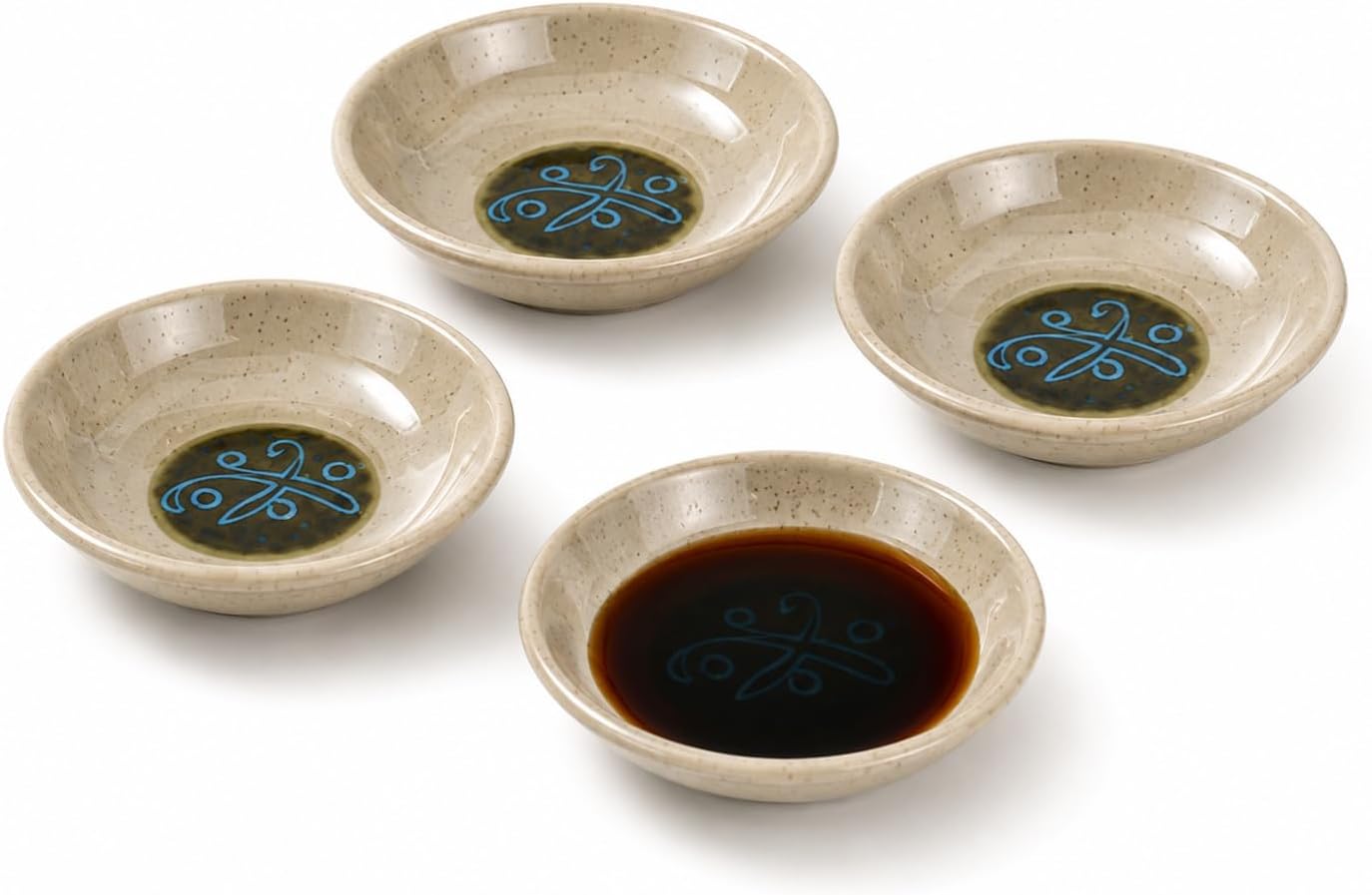 JapanBargain, Set of 4 Melamine Soy Sauce Dishes – Dipping Bowls for Condiments & Sushi – Break-Resistant Saucers for Soy, Wasabi, Ginger, Vinegar, Oil – Speckled Rustic Japanese-Style Motif