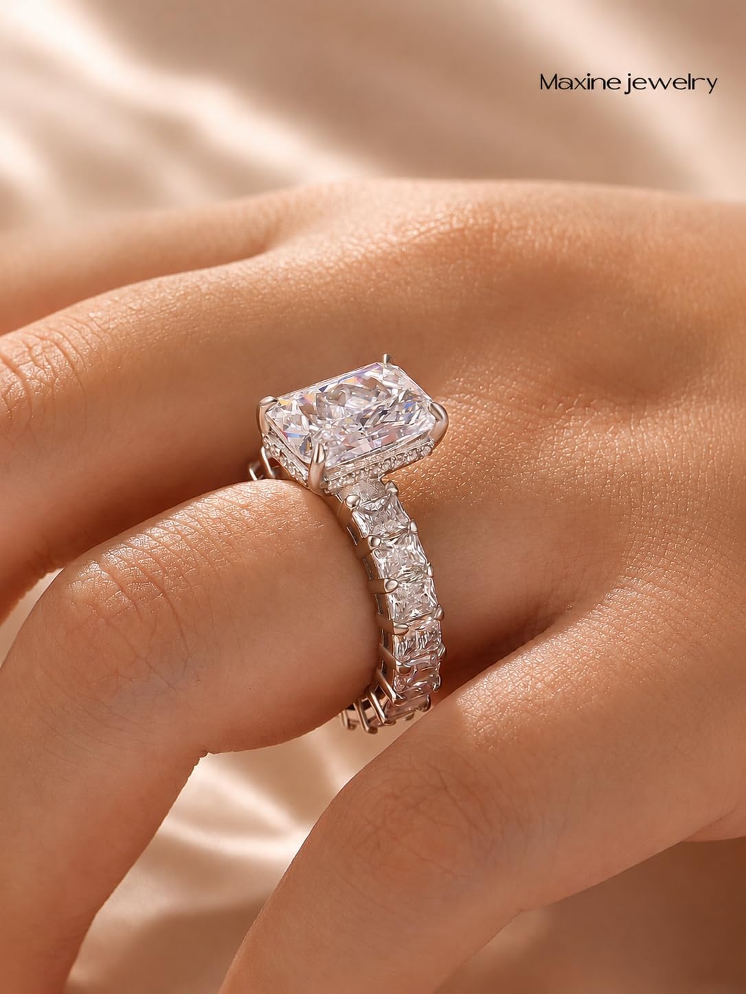 Maxinejewelry 4.5Ct Radiant Cut Engagement Ring for Women, 18K White Gold Plated Full Eternity Band 5A CZ Promise Ring