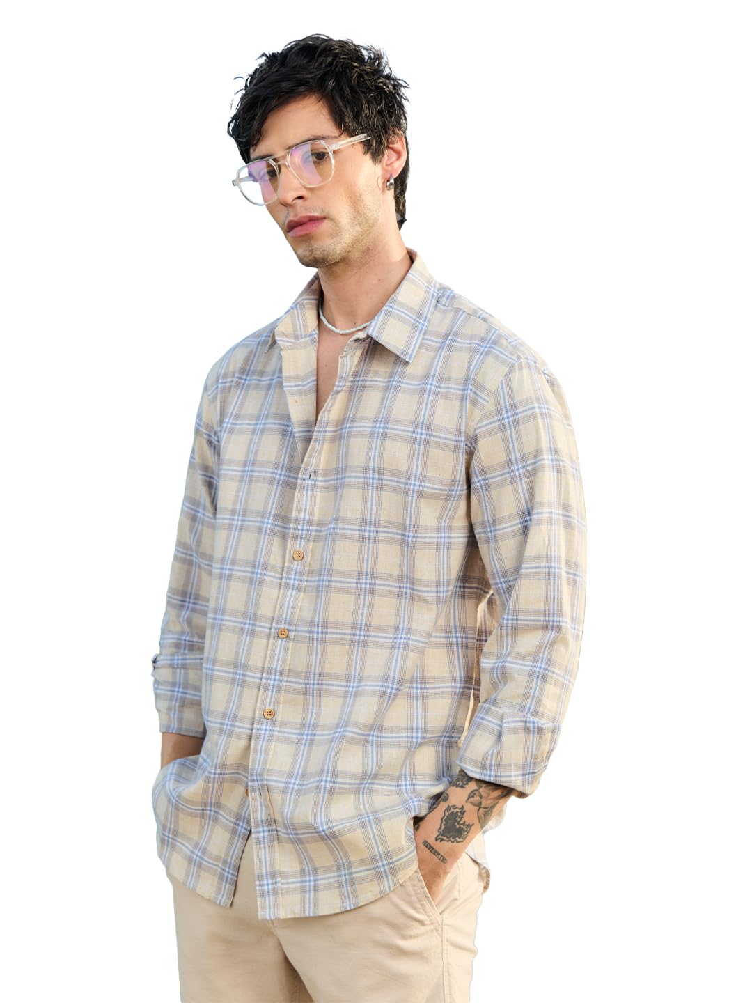 the souled store Cotton Linen Checks: Naval Men and Boys Long Sleeve Spread Collar Button Front Blue Checked Regular Fit Casual Everyday Office wear Regular Fit Cotton Linen Shirt-picture-16