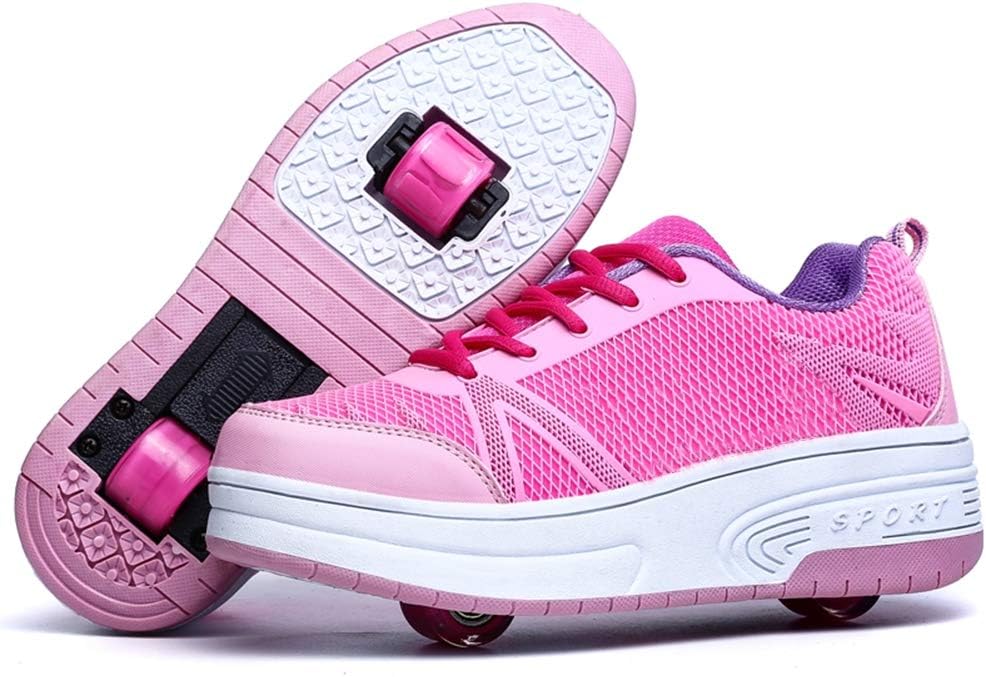 MNVOA Kids Roller Shoes Single/Double Wheels Retractable Skateboarding Outdoor Unisex Pulley Shoes Gymnastic Sneakers,Pink 2,13 UK child