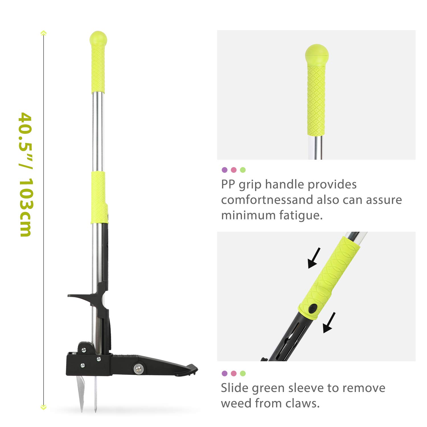 ORIENTOOLS Weeder Tool Weed Puller with Stainless 4 Claws and Foot Pedal, Dandelions Root Remover, Stand Up Lawn Garden Tool Aluminium handle(39.4 inch/103cm) — view 2
