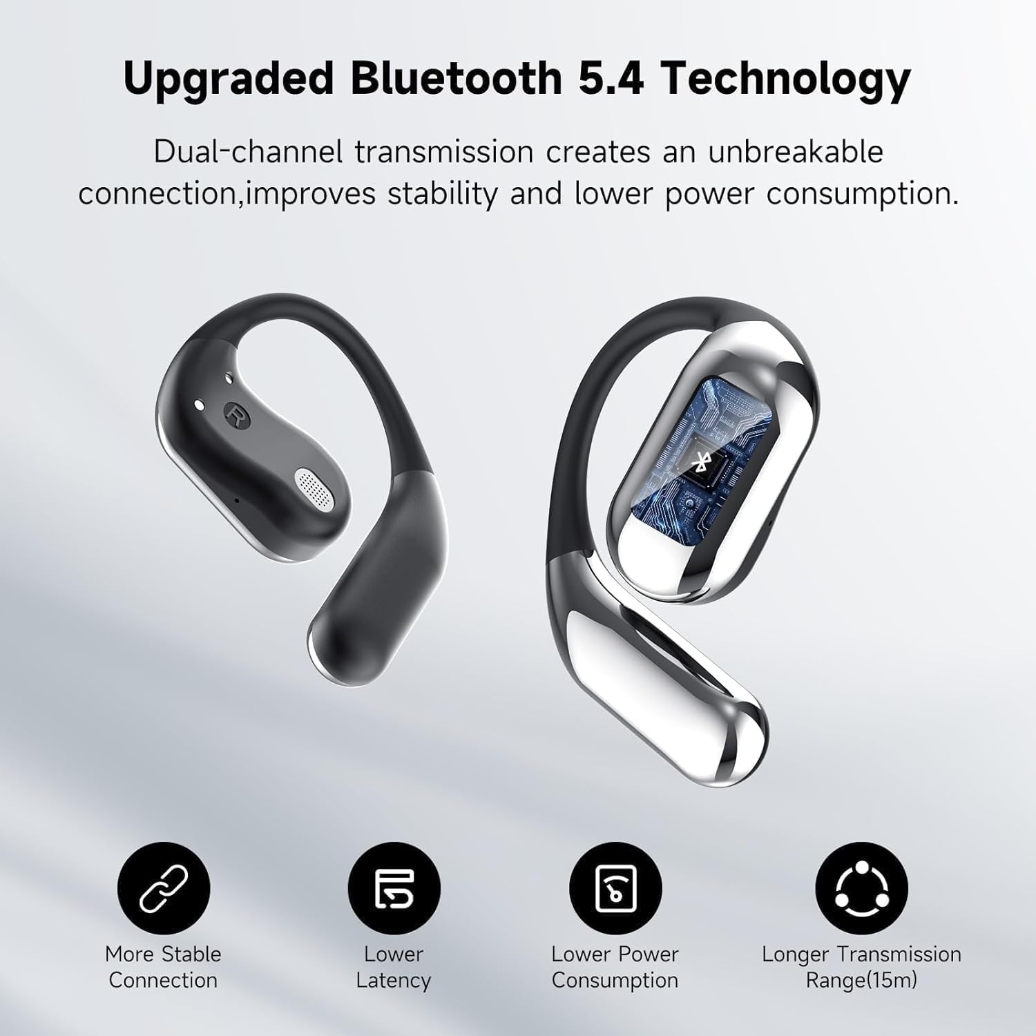 Auricolari aperti wireless Bluetooth 5.4, cuffie touch screen intelligenti, 50 ore di riproduzione, gancio per l'orecchio ergonomico, microfono integrato, custodia di ricarica con display a