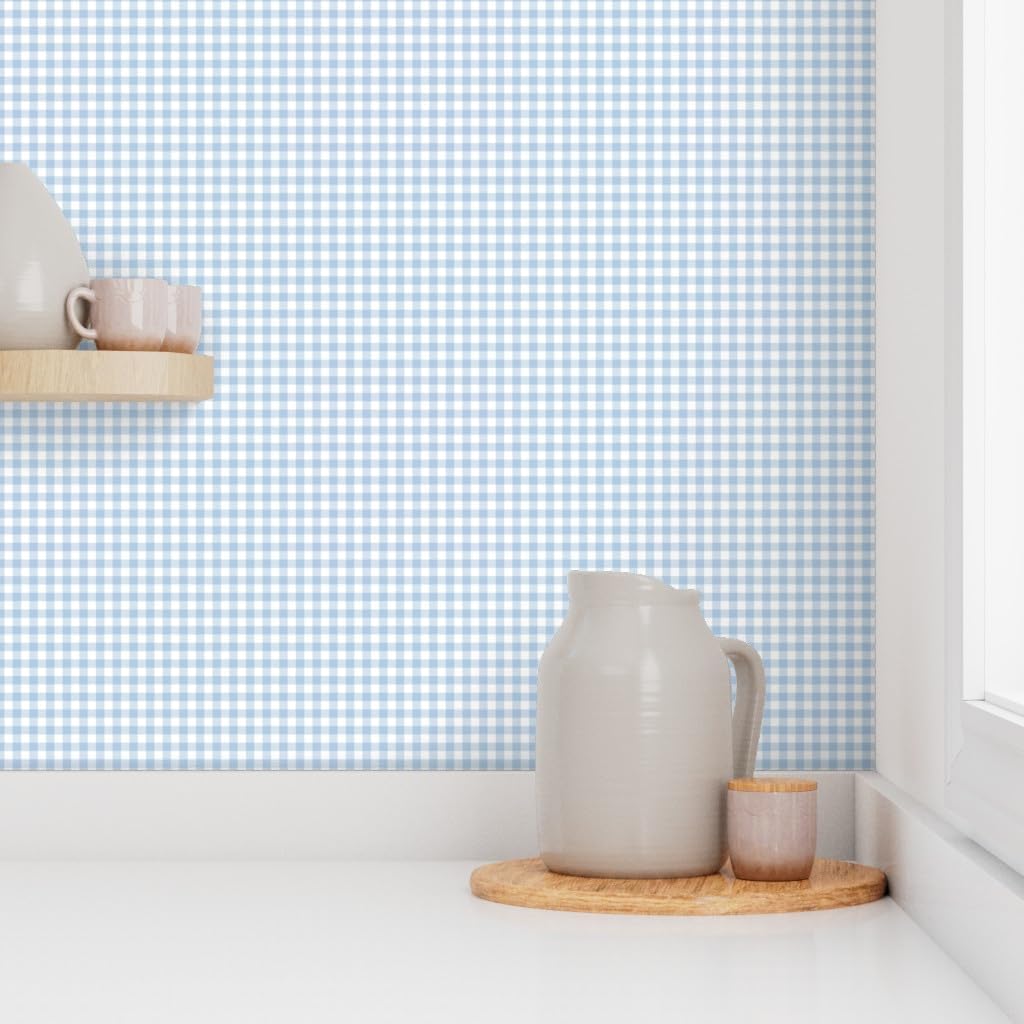 Removable Wallpaper Swatch - Pale Blue Gingham Check Tiny Scale Pastel Blue Check Baby Custom Pre-Pasted Wallpaper by Spoonflower