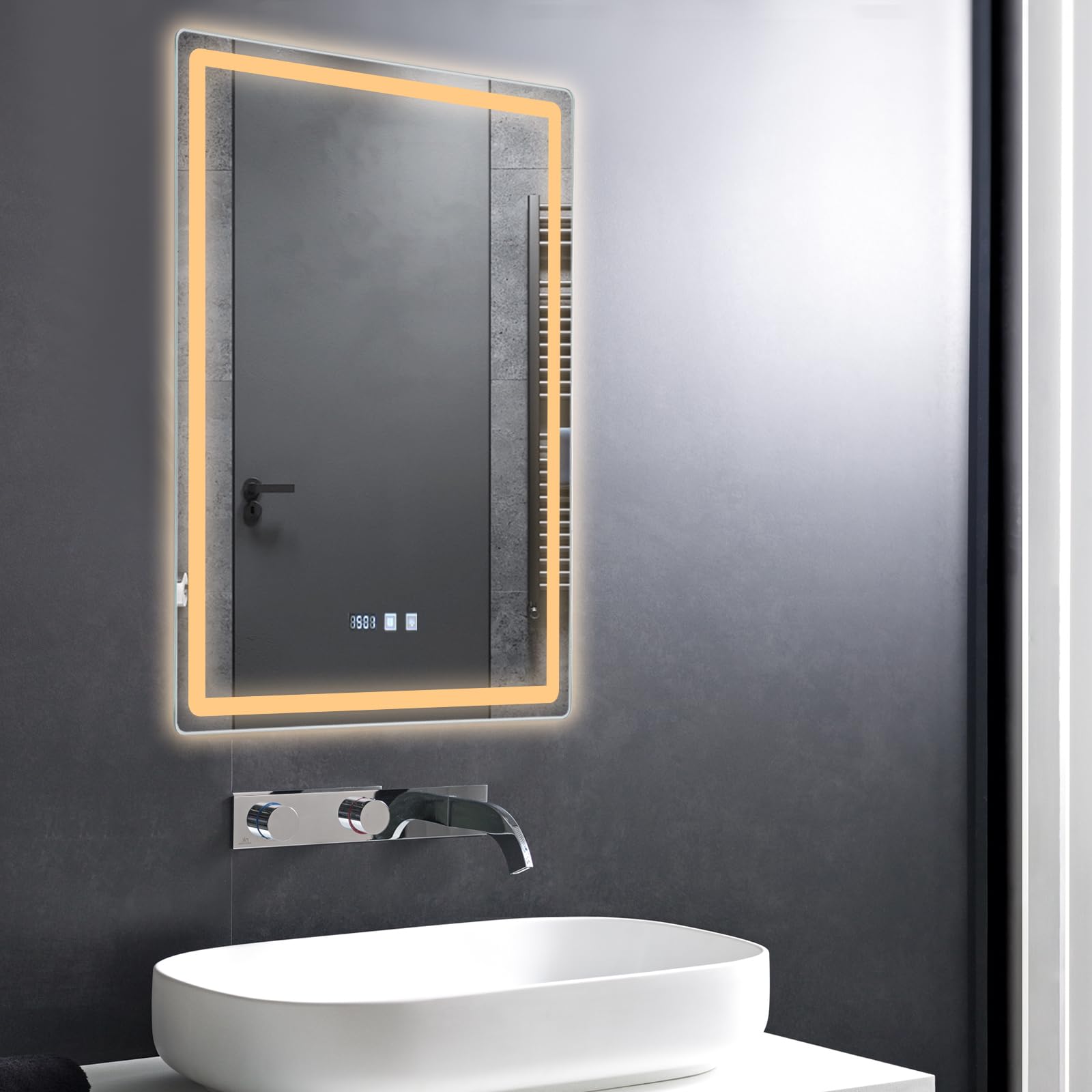 Espejo de baño LED, táctil, regulable, sin vaho, con iluminación de reloj, espejo de pared para baño, hotel, salón, uso