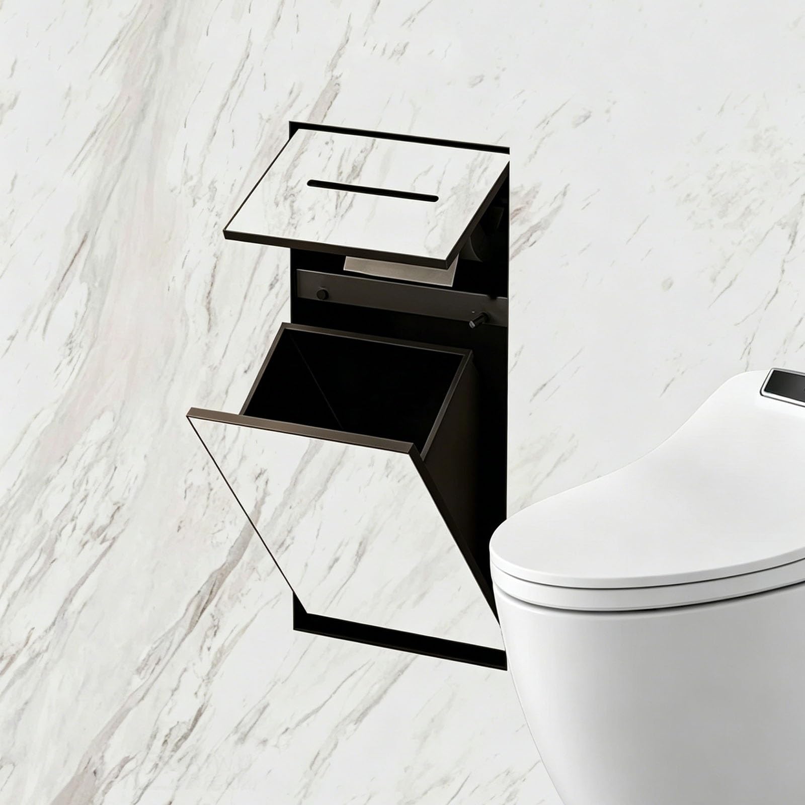Nicho oculto para baño pequeño con estante de almacenamiento