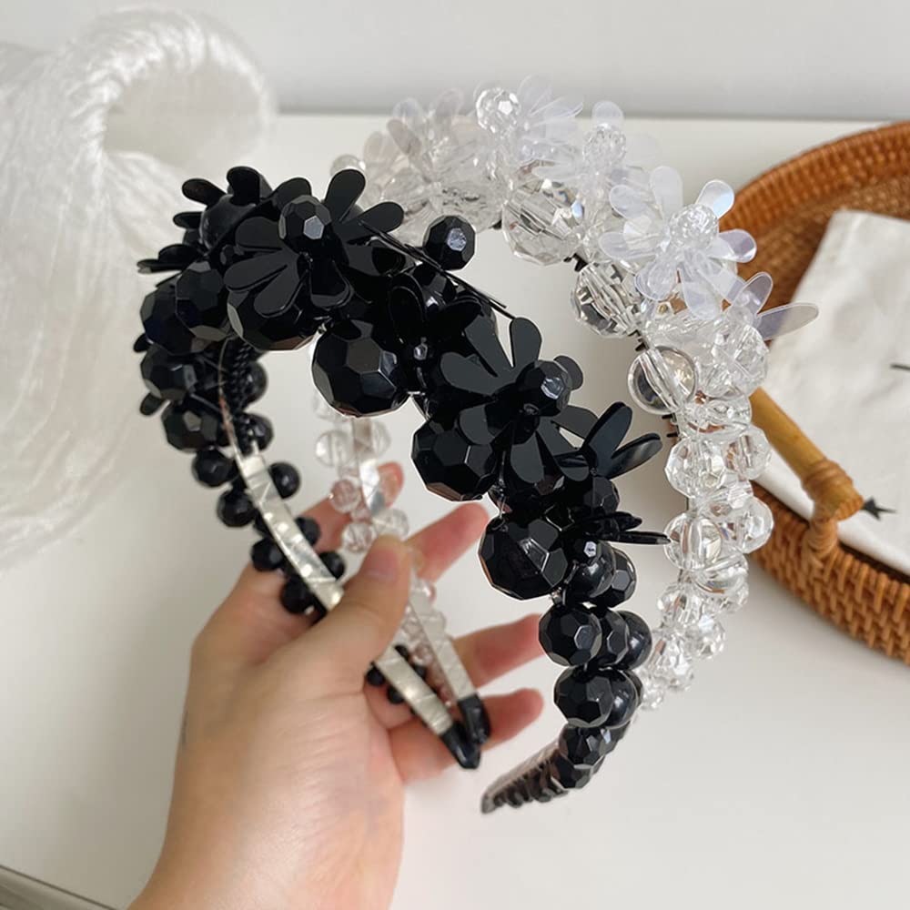 Wiwpar Crystal Rhinestone Headbands for Women Boho Sparkly Flower Head Bands Black Wide Pearl Beads Headband Hair Hoop Hair Accessories (black)