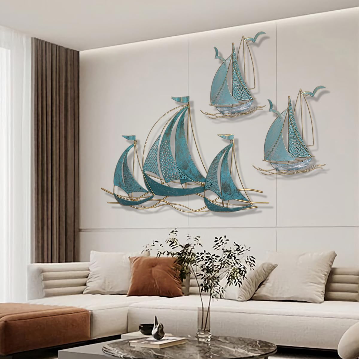 Quadro De Veleiro Em Metal 3 Peças - Decoração Náutica Para Sala E Escritório