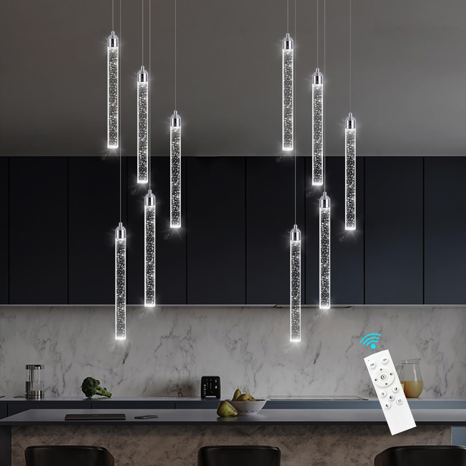 5-flammiger Mini-Kronleuchter, LED-Pendelleuchte für Kücheninsel, moderne Pendelleuchte aus Blasenkristall, verstellbare Pendelleuchte, verchromte Deckenleuchte für Esszimmer, Schlafzimmer, 2700 K, | Blasenkristall, Verstellbar, Verchromt, Für Kücheninsel