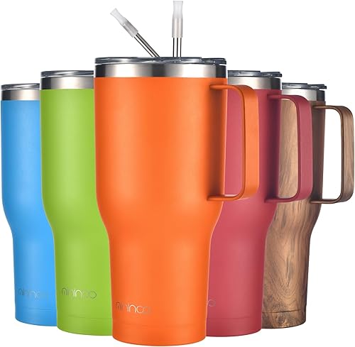 Vaso de 40 oz con asa y popote, vaso aislado con asa a prueba de fugas, vaso grande con tapa y popote (naranja)