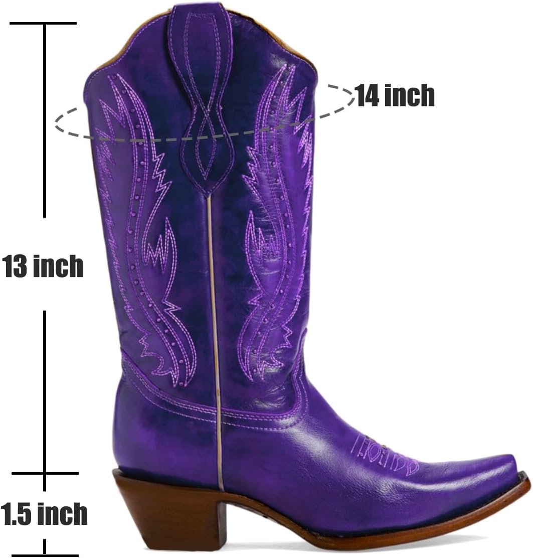 Women Vintage Embroidered Cowboy Boots Knee High Western Boots Chunky Stacked Heel Pointed Square Toe Mid Calf Cowgirl Boots Matte Metallic Pull On V Cut Fall Boot Exotic 4-11 M US