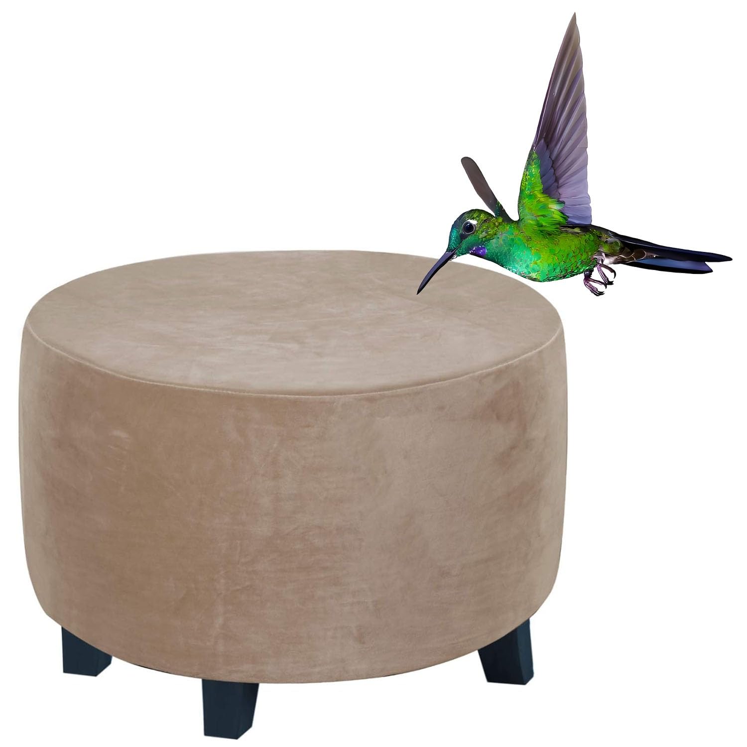 Xiao Ren Round Velvet Ottoman Slipcover, Stretch Luxury Velvet Footstool Slipcover, Stool Protector Covers with Elastic Bottom, Dustproof Removable Washable Footrest Pouffe Covers(Taupe,34"(85-89cm))