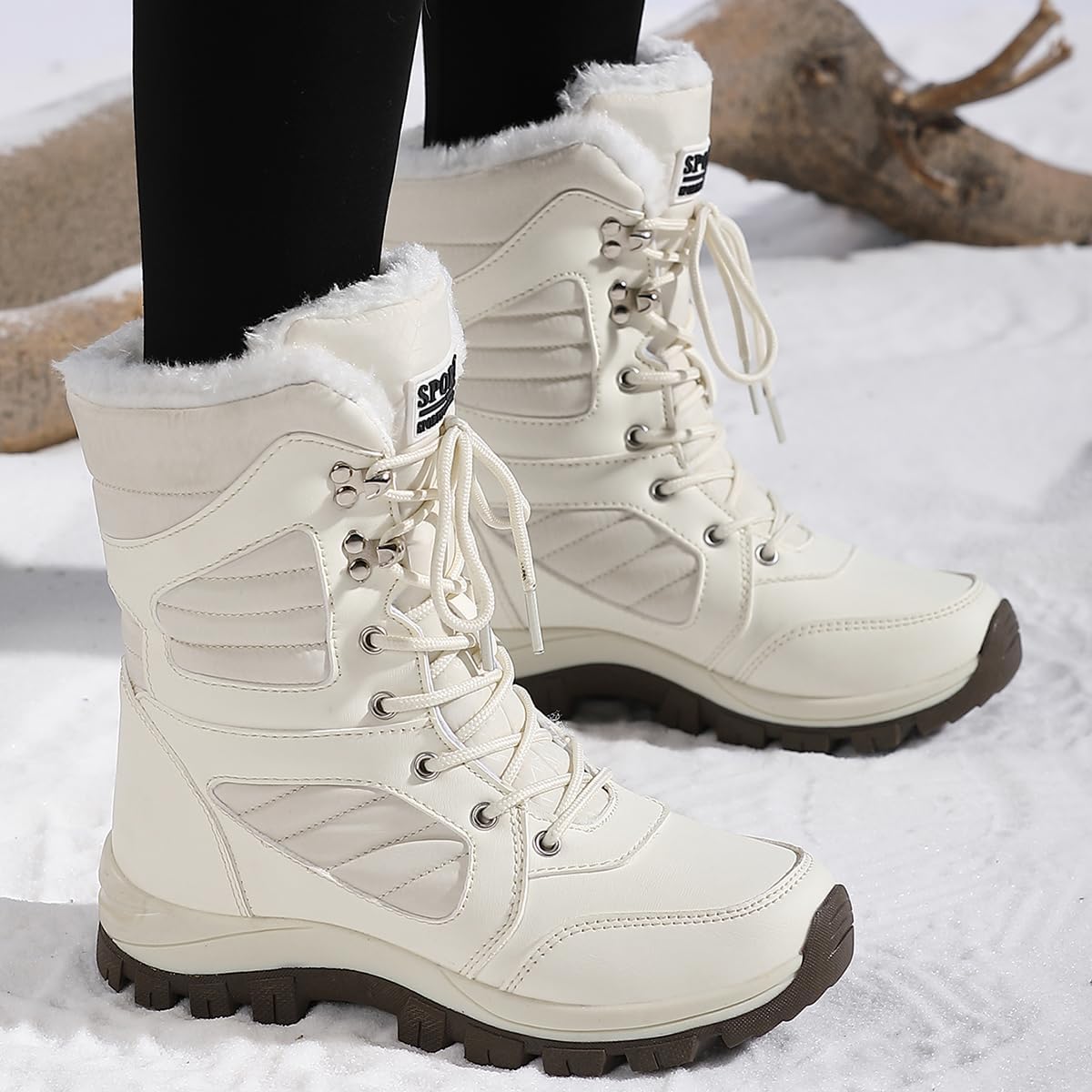 Jakcuz Women Snow Boots High Top Non-slip Waterproof Lace-up Winter Boots with Faux Fur Lined