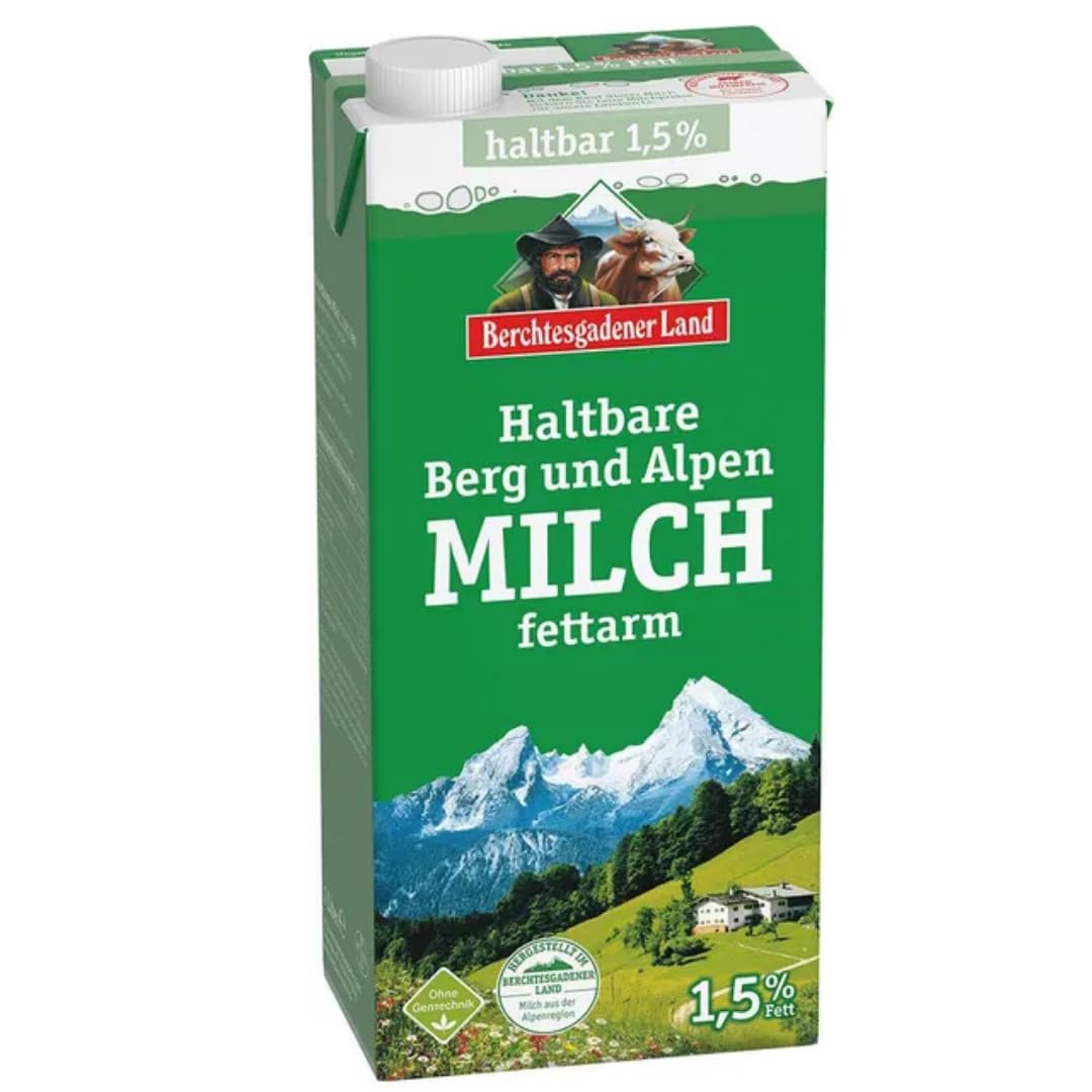 Milch Berchtesgadener Alpenmilch Land H-Milch 1,5% Fett Haltbare Milch Bergbauern-Milch, je 1 Liter, 24 Stück+ pufai