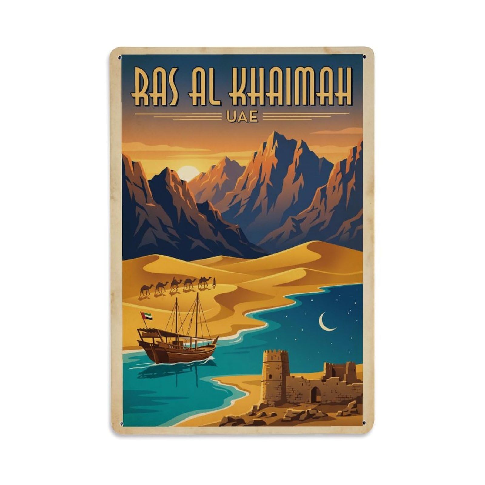 Retro UAE Ras Al Khaimah Travel Metal Tin Sign Plaque Wall Decor for Cafe, Club Bar, Office, Garden Metal Poster 8x12Inch