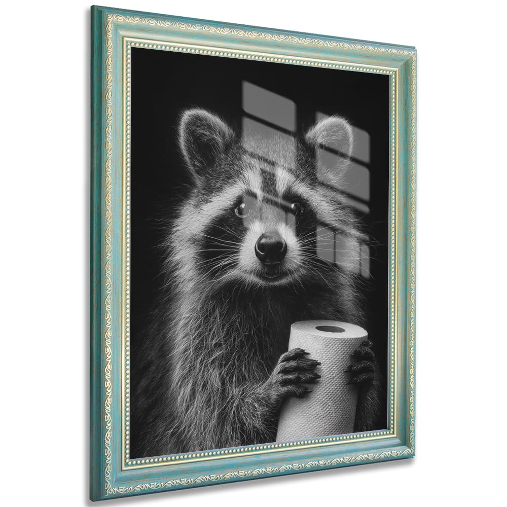 Funny Raccoon Bathroom Wall Art Black and White Toilet Paper Animal Print Rustic Farmhouse Washroom Decor for Kids and Guest Toilet 28x35cm Green Frame
