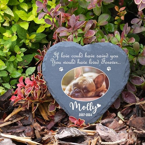 TULLUN Individueller Personalisiert Herzform Tiergrabstein Schiefer Natürlich Gedenkstein für Hund, Katze und andere Haustiere Tiere - Größe | 10 x 10 cm | - Ovales Foto