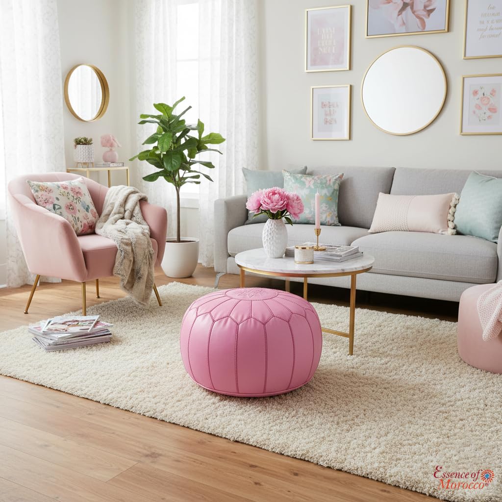 Pouf marocain repose-pieds ottoman en cuir véritable rose cousu à la main avec motif Marrakech brodé (housse uniquement)