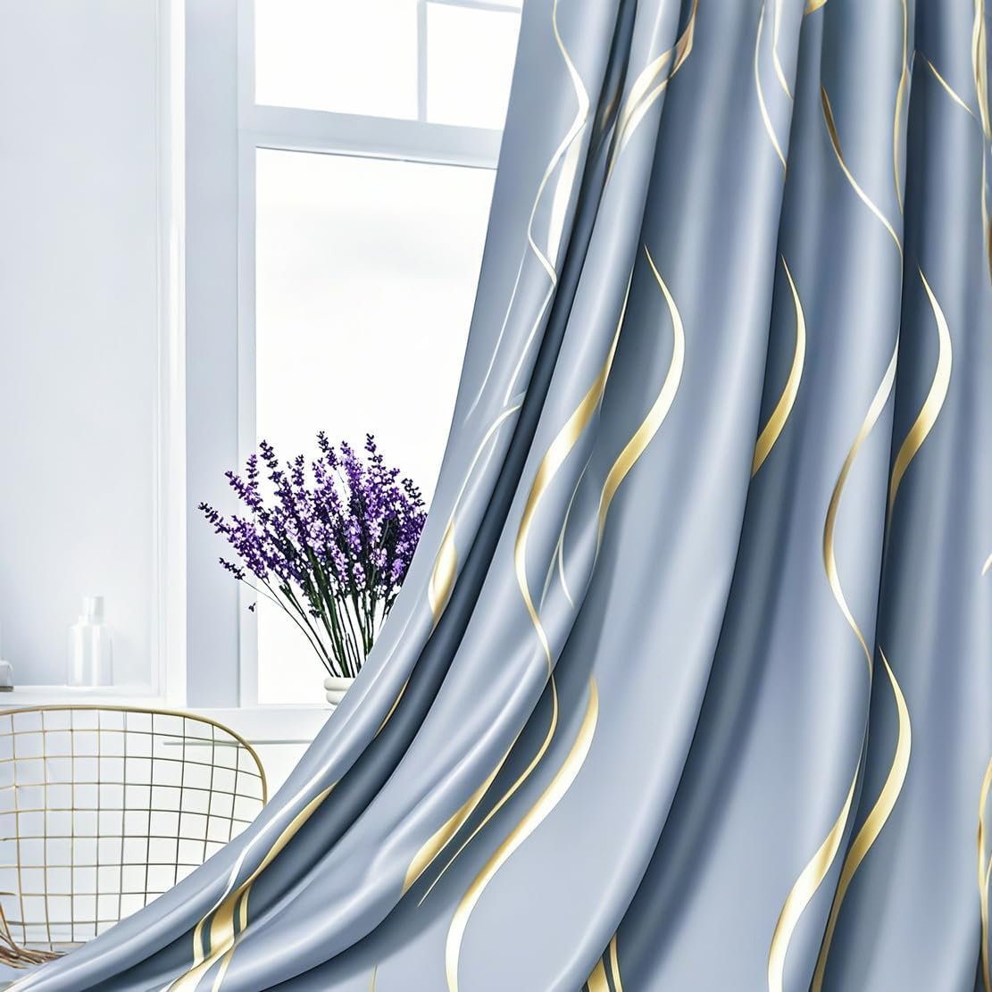 MYRU 2 Panels Set Luxury Striped Blackout Curtains for Bedroom Living Room (Bluish Grey and Gold, 2 x 66x84 Inch) - Image 4