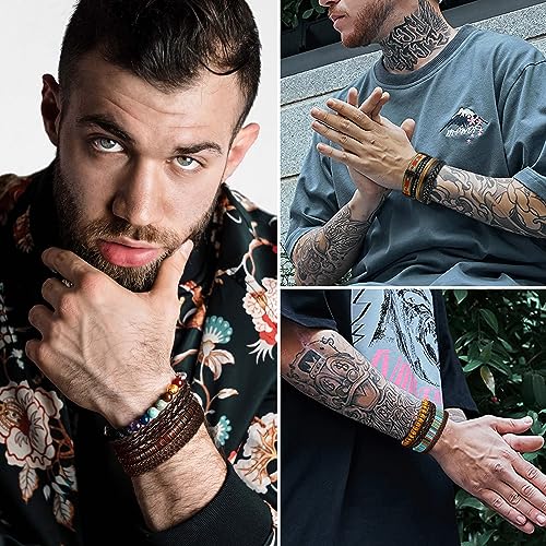 Image of FIBO STEEL 32 Pcs Braided Leather Bracelets for Men Women Wooden Beads Cool Hemp Tribal Wristbands Cuff Punk Multilayered Bracelets